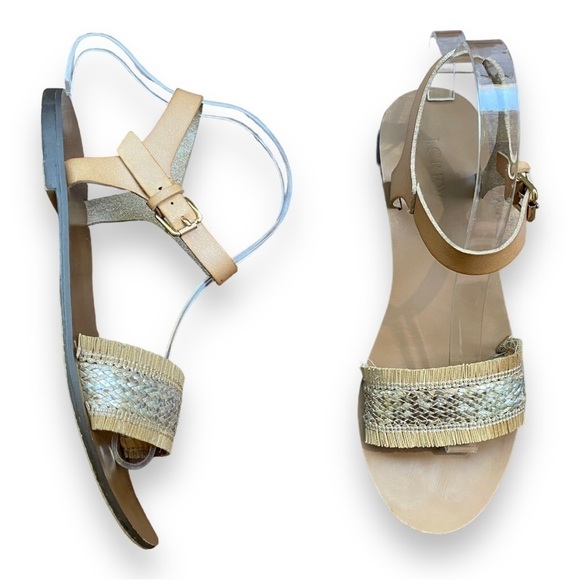 J Crew Factory Raffia Silver and Tan Woven Straw Fringe Sandals | Size 9 - Picture 6 of 13